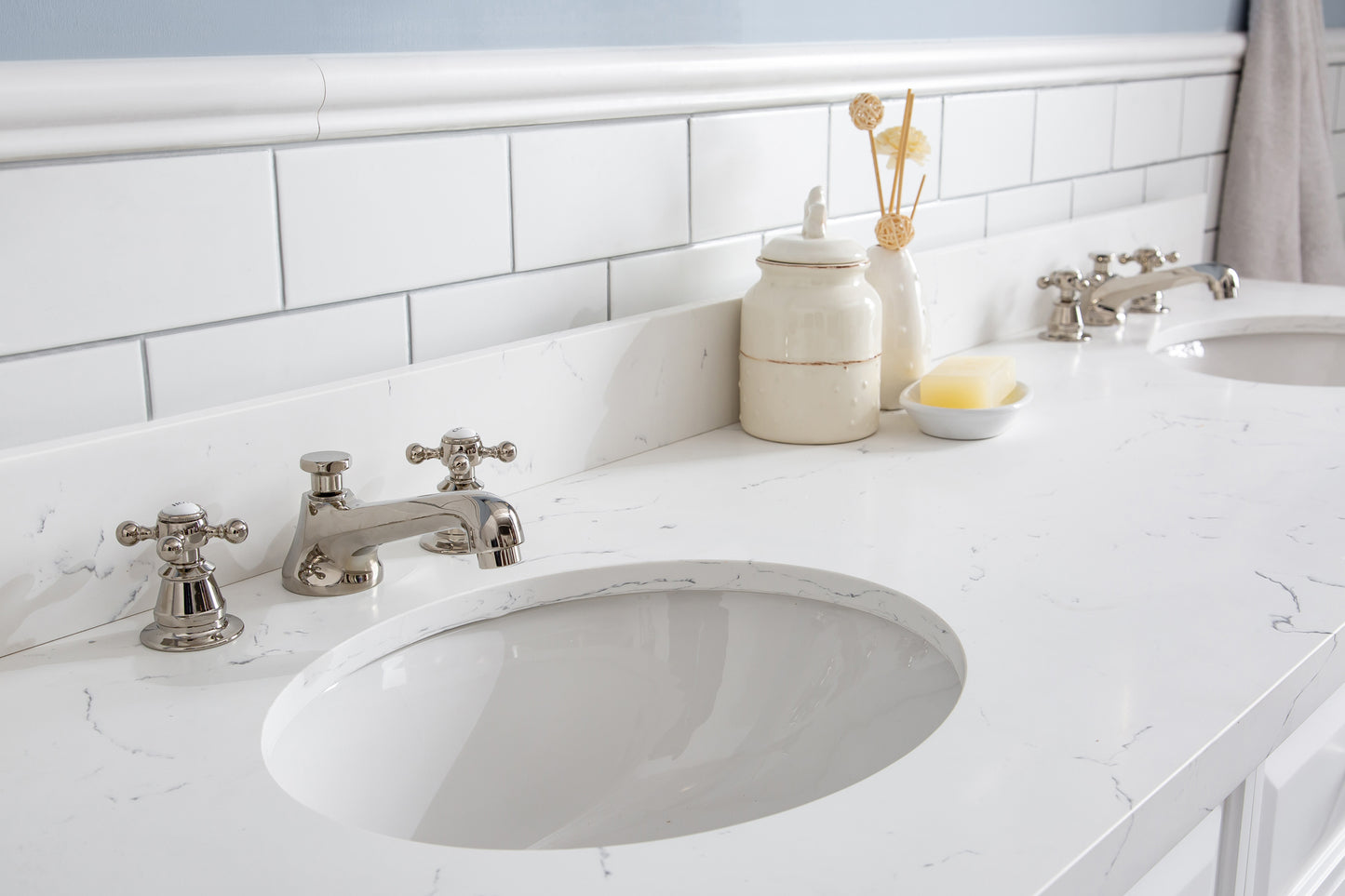 72" Palace Collection Quartz Carrara Bathroom Vanity Set, Mirror in Polished Nickel (PVD) Finish