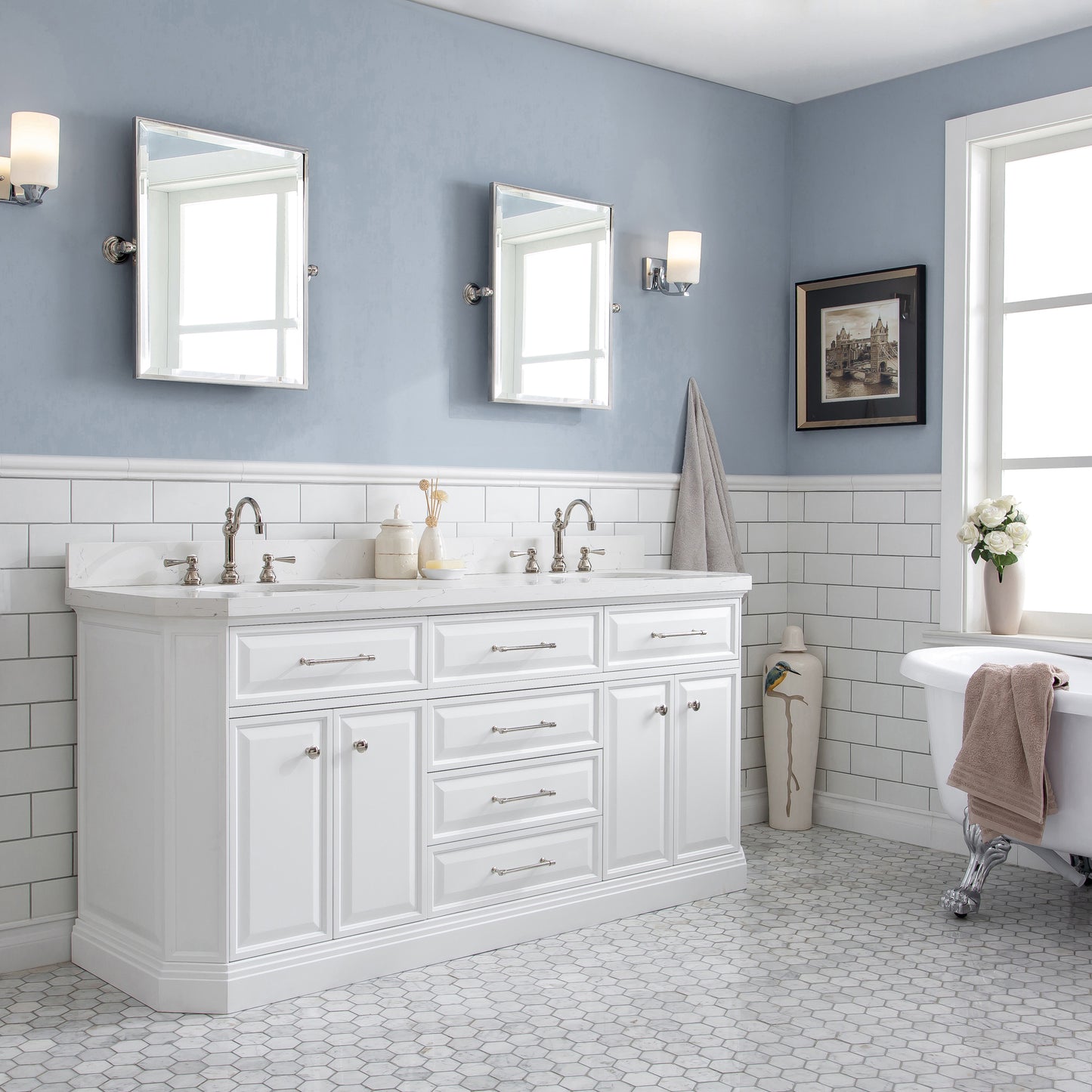 72" Palace Collection Quartz Carrara Bathroom Vanity Set, Mirror in Polished Nickel (PVD) Finish