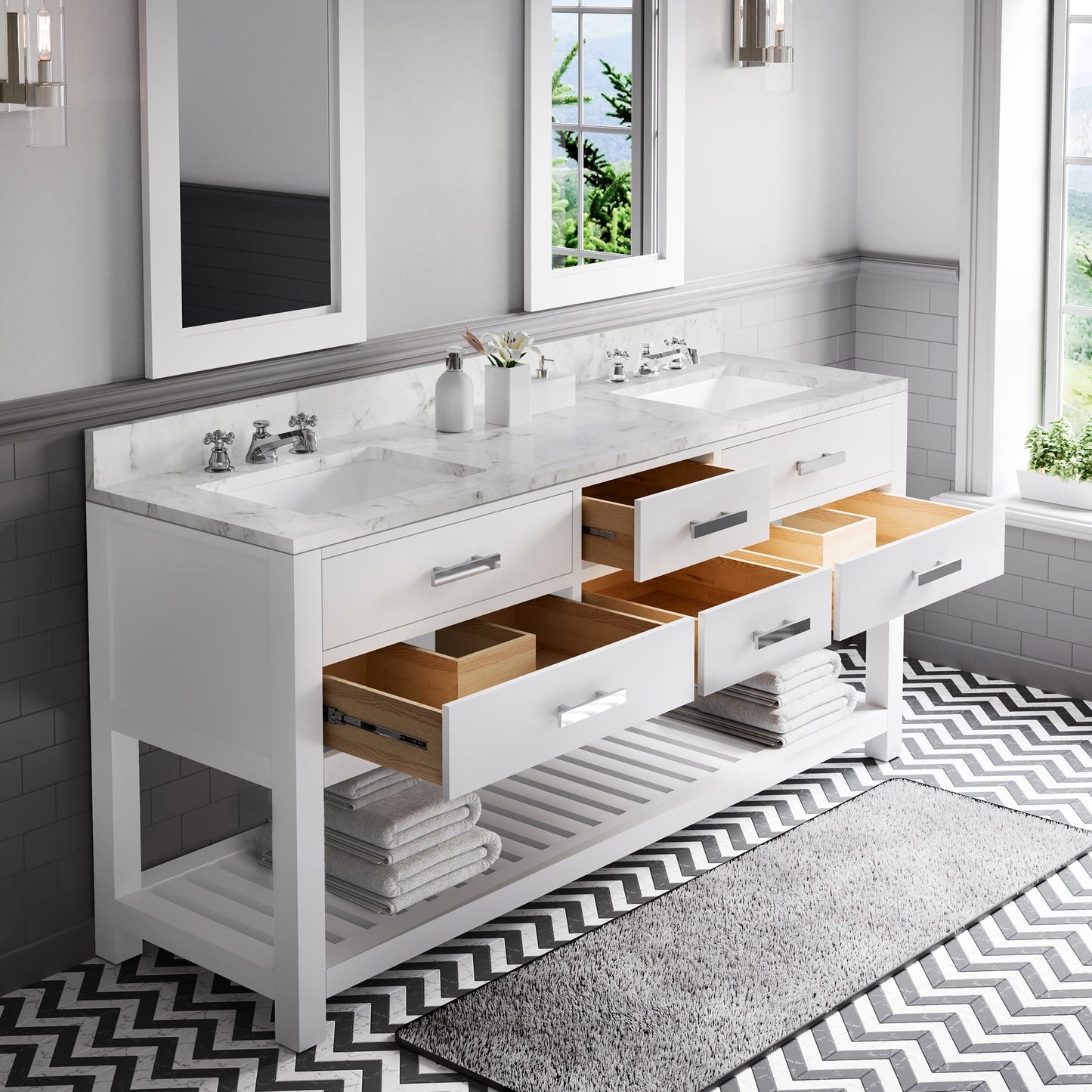 72 Inch Double Sink Bathroom Vanity With Mirror And Faucet From The Madalyn Collection