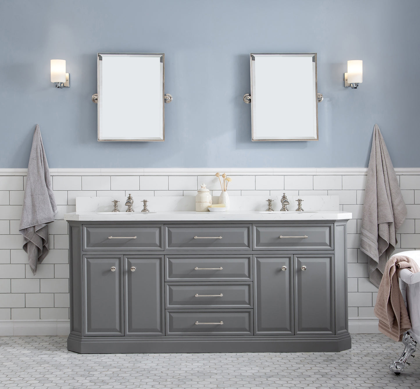 72" Palace Collection Quartz Carrara Bathroom Vanity Set, Mirror in Polished Nickel (PVD) Finish
