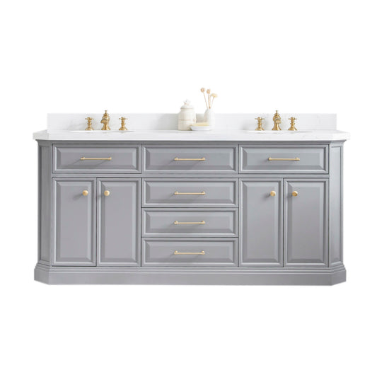 72" Palace Collection Quartz Carrara Bathroom Vanity Set in Satin Gold and Mirrors in Chrome
