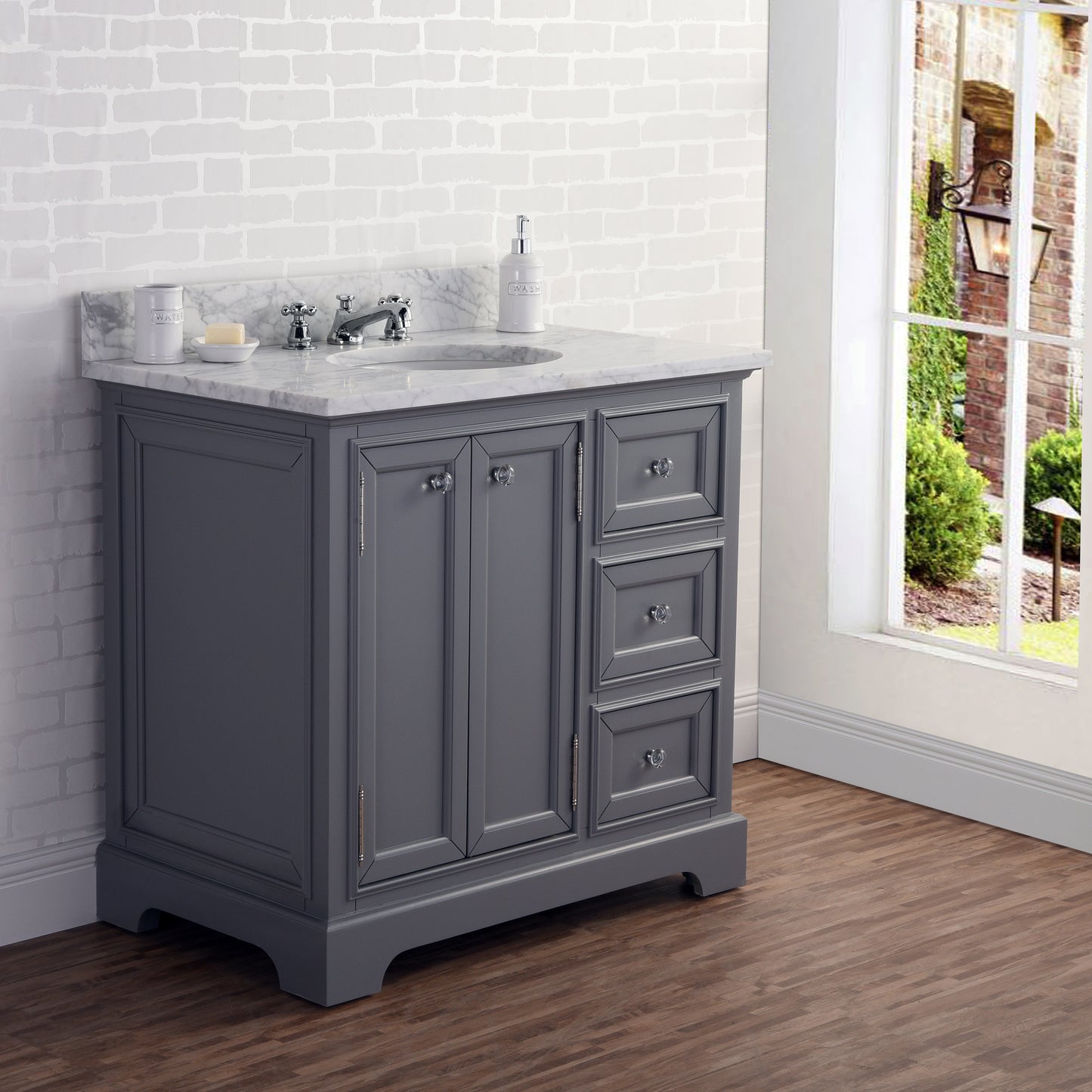 36 Inch Single Sink Carrara Marble Bathroom Vanity set. The Derby Collection