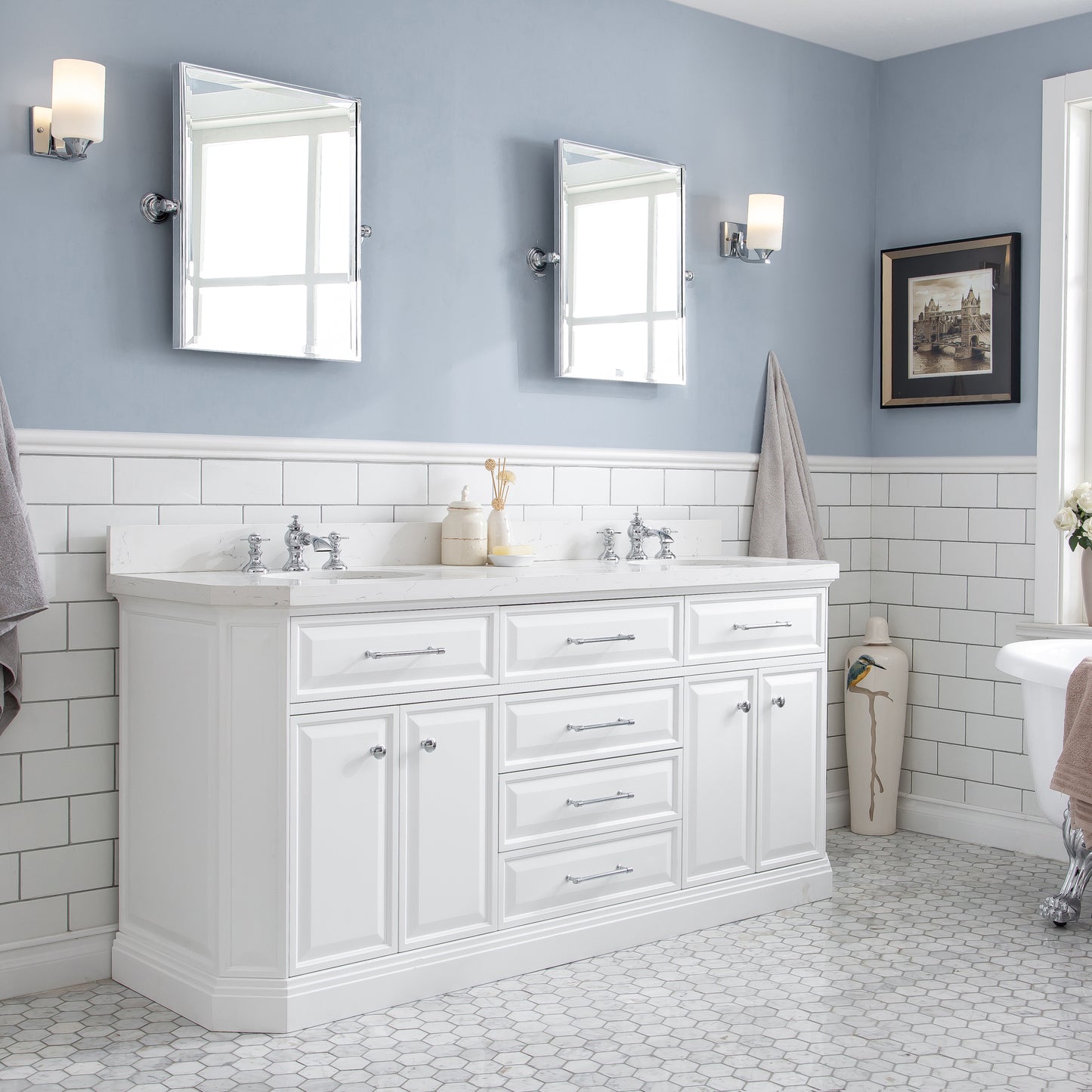 72" Palace Collection Quartz Carrara Multi Color Bathroom Vanity Sets
