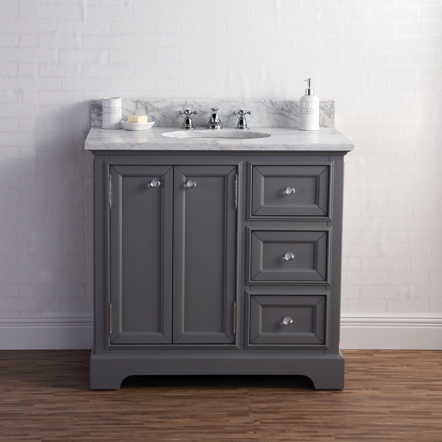 36 Inch Single Sink Carrara Marble Bathroom Vanity set. The Derby Collection