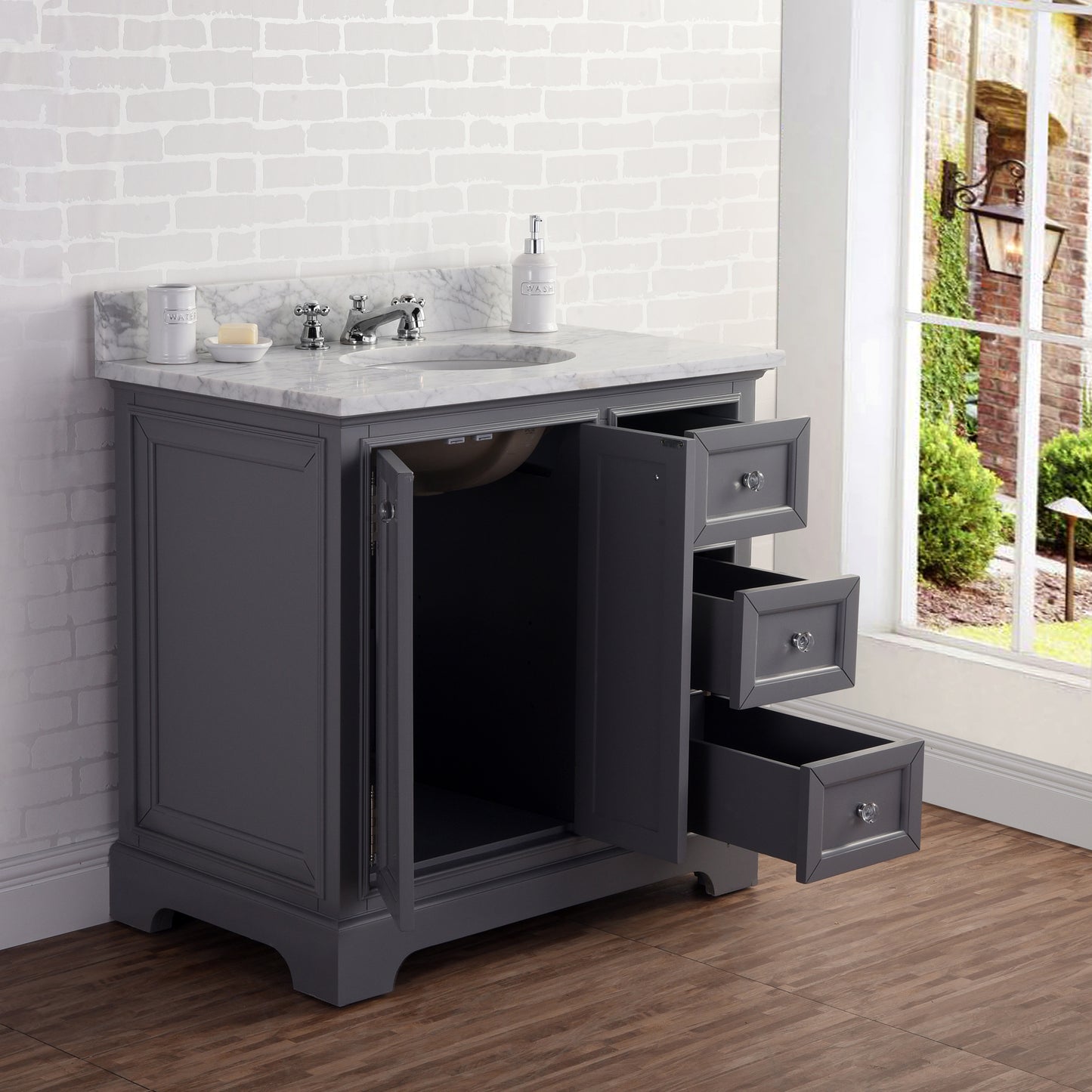 36 Inch Single Sink Carrara Marble Bathroom Vanity set. The Derby Collection