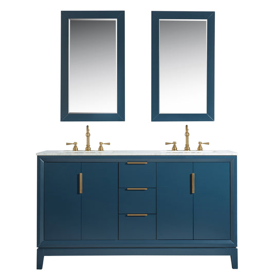 Elizabeth 60-Inch Double Sink Carrara White Marble Vanity In Monarch Blue set