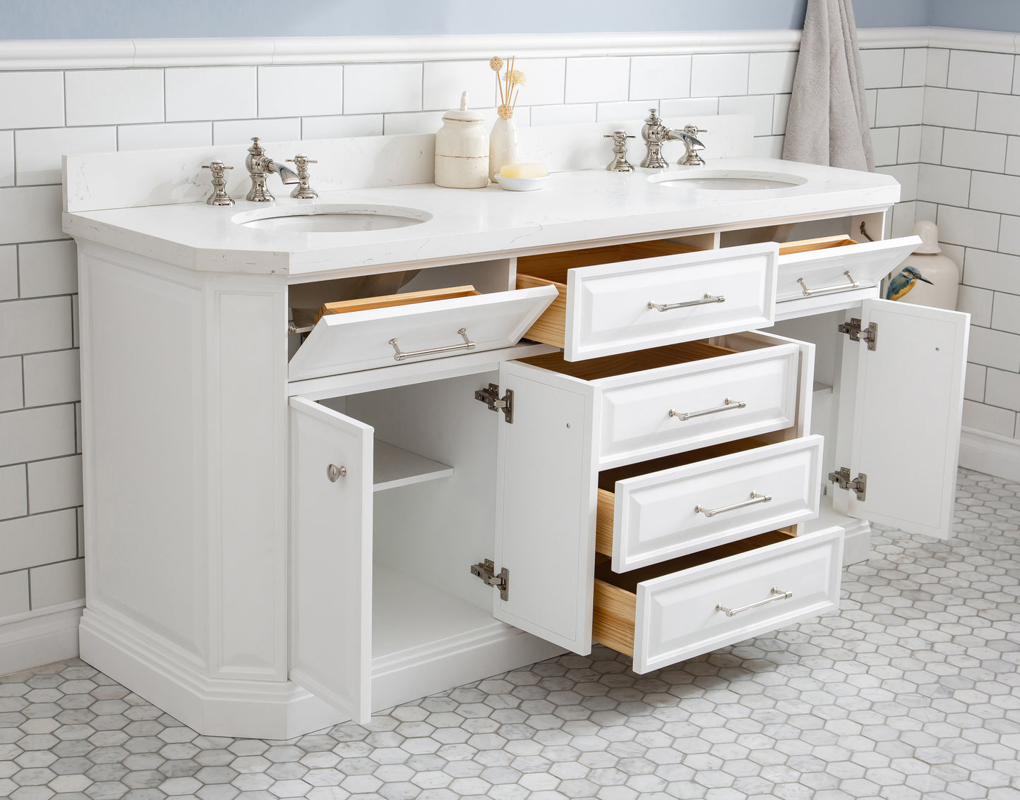 72" Palace Collection Quartz Carrara Bathroom Vanity Set, Mirror in Polished Nickel (PVD) Finish