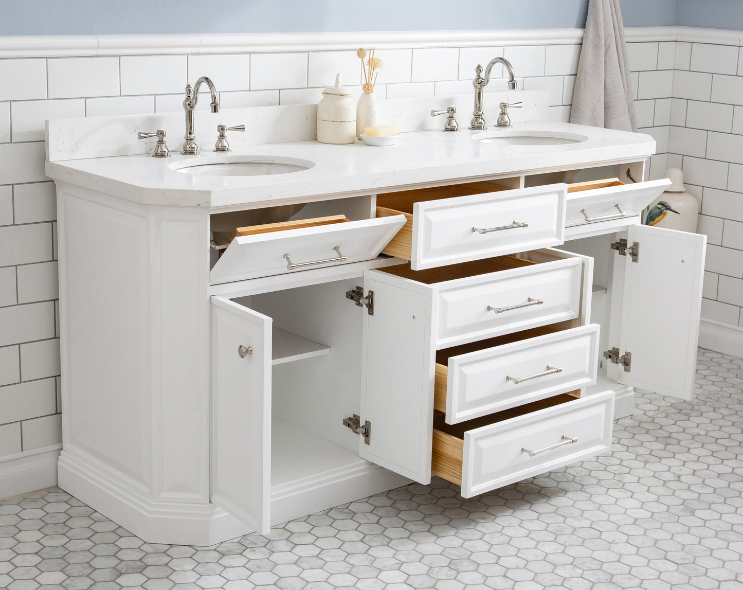 72" Palace Collection Quartz Carrara Bathroom Vanity Set, Mirror in Polished Nickel (PVD) Finish