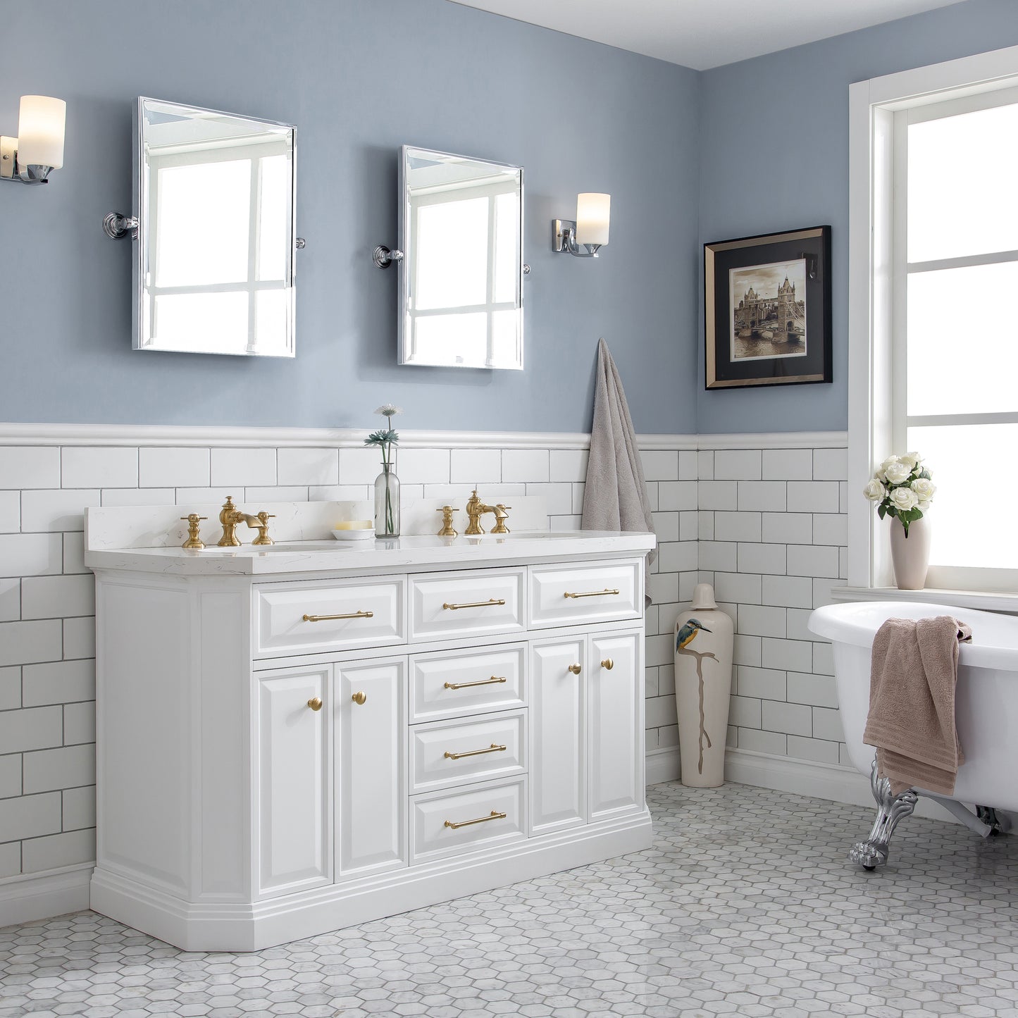60" Palace Collection Quartz Carrara Bathroom Vanity Set