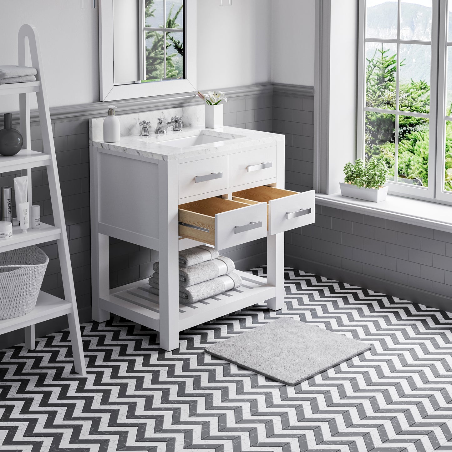 30 Inch Single Sink Bathroom Vanity With Framed Mirror And Faucet From The Madalyn Collection