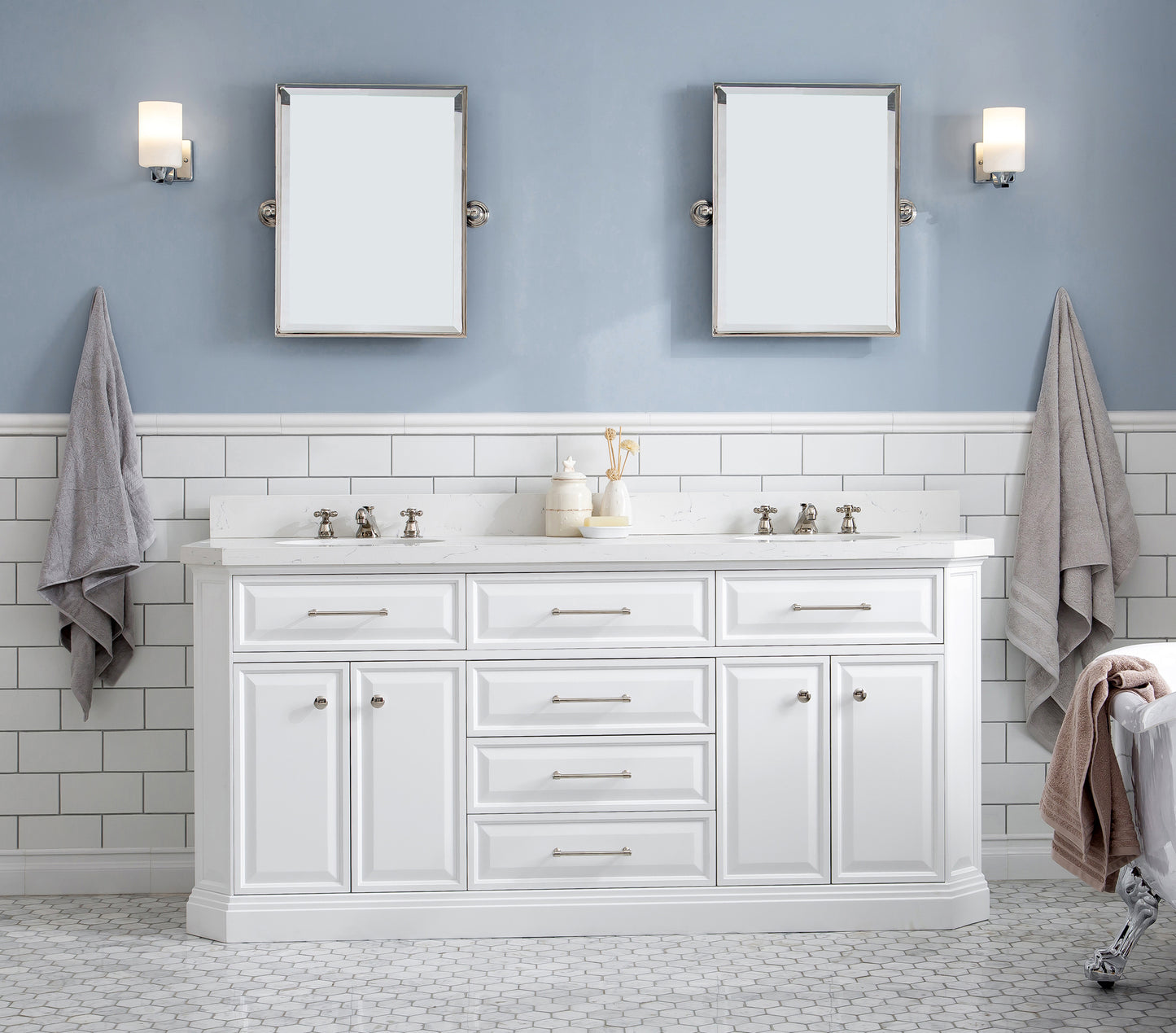 72" Palace Collection Quartz Carrara Bathroom Vanity Set, Mirror in Polished Nickel (PVD) Finish