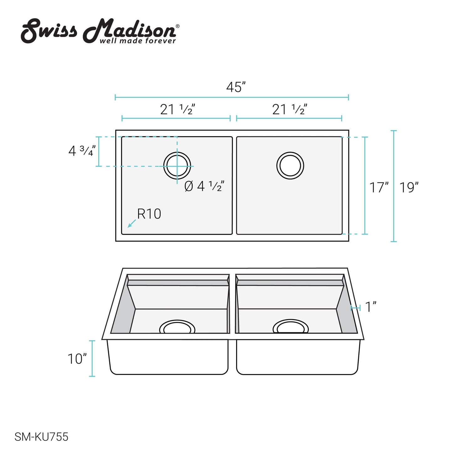 Rivage 45 x 19 Dual Basin Undermount Kitchen Workstation Sink