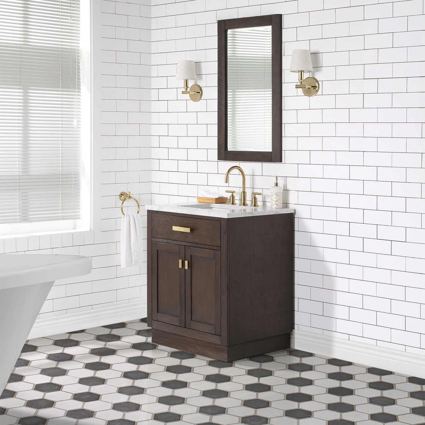 30 In Sink Marble Countertop Vanity, Oak, Faucet and Mirror, Chestnut collection