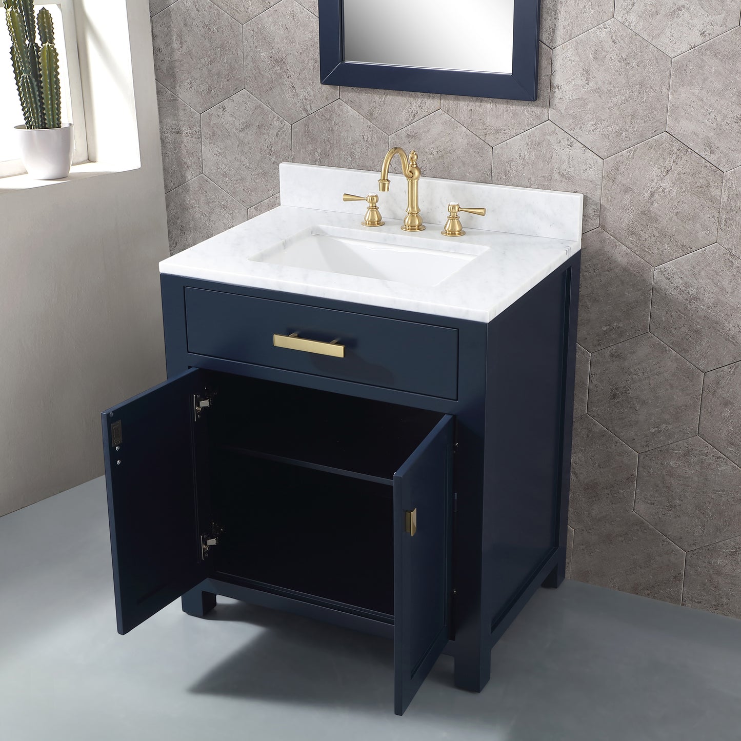 Madison 30-Inch Single Sink Carrara White Marble Vanity In Monarch Blue set