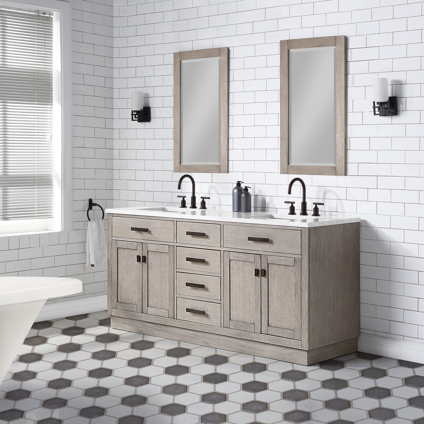 72 In. Double Sink Marble Countertop Vanity Oak with Faucets and Mirrors, Chestnut collection