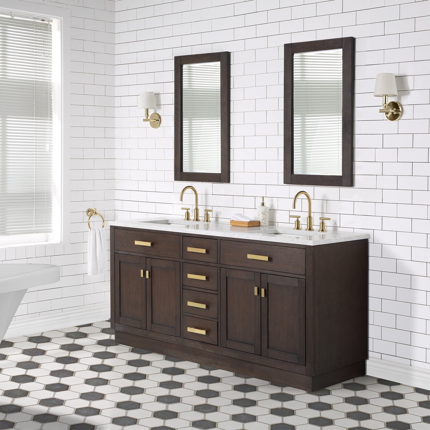 72 In. Double Sink Marble Countertop Vanity Oak with Faucets and Mirrors, Chestnut collection