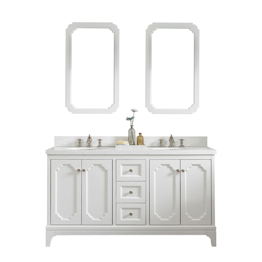 Queen 60-Inch Double Sink Quartz Carrara Vanity In Pure White set
