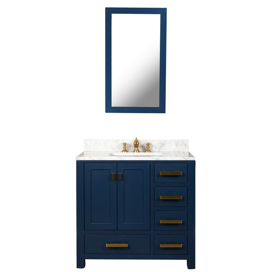 Madison 36-Inch Single Sink Carrara White Marble Vanity In Monarch Blue set