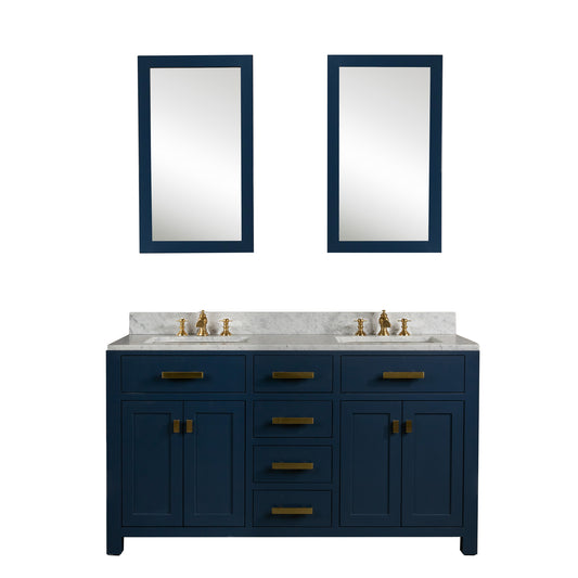 Madison 60-Inch Double Sink Carrara White Marble Vanity In Monarch Blue set