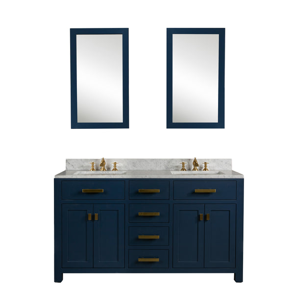 Madison 60-Inch Double Sink Carrara White Marble Vanity In Monarch Blue set