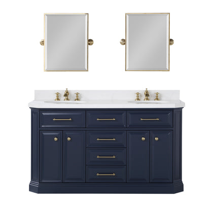 Palace 60 In. Double Sink White Quartz Countertop Vanity in Monarch Blue set