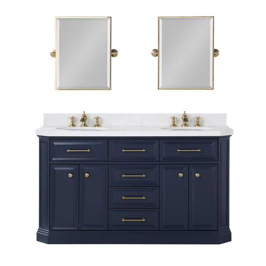 Palace 60 In. Double Sink White Quartz Countertop Vanity in Monarch Blue set