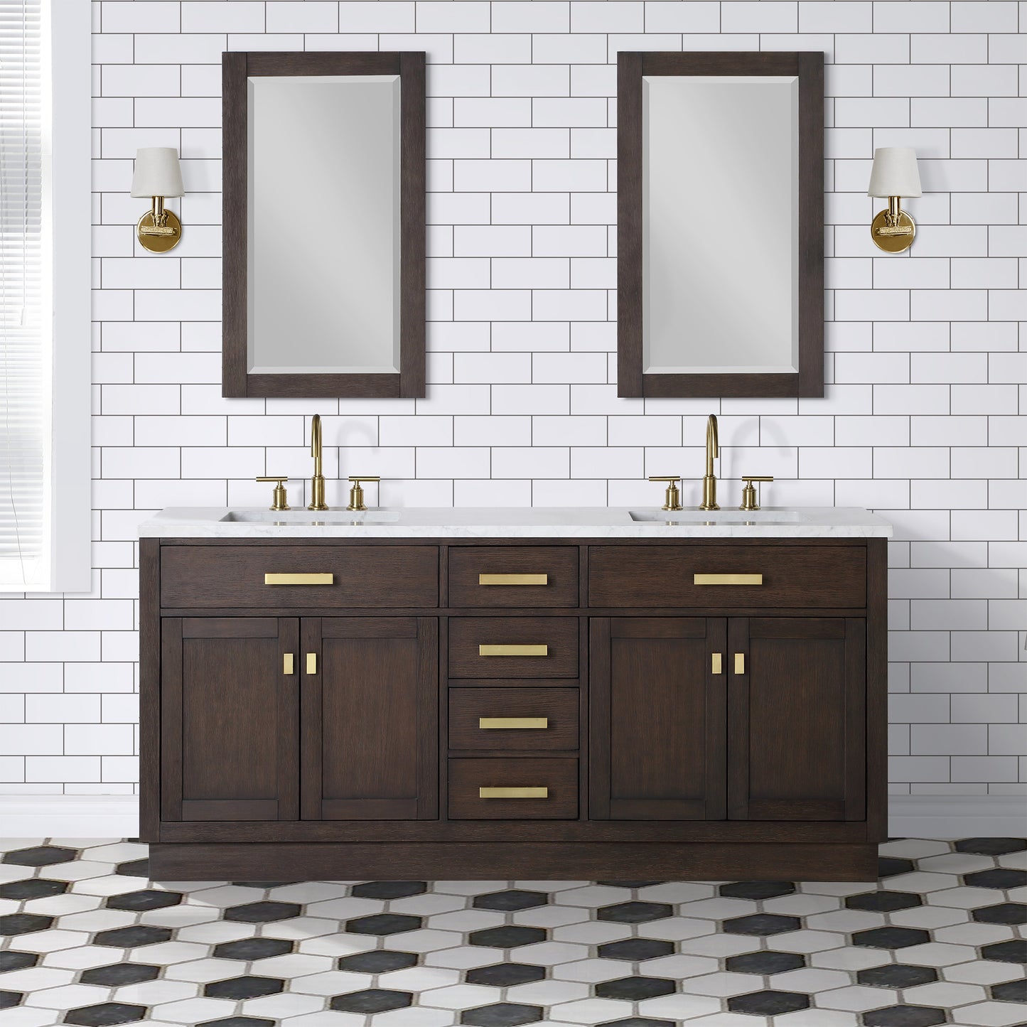 72 In. Double Sink Marble Countertop Vanity Oak with Faucets and Mirrors, Chestnut collection