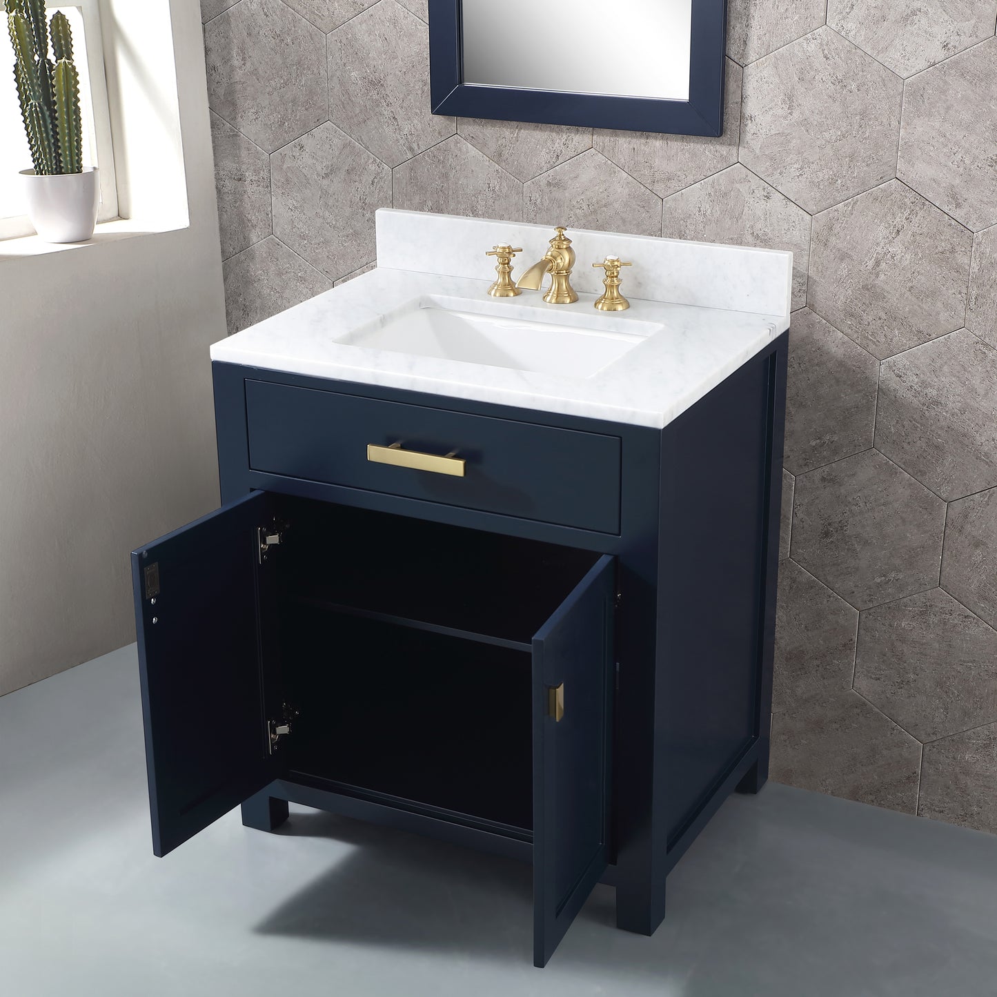 Madison 30-Inch Single Sink Carrara White Marble Vanity In Monarch Blue set