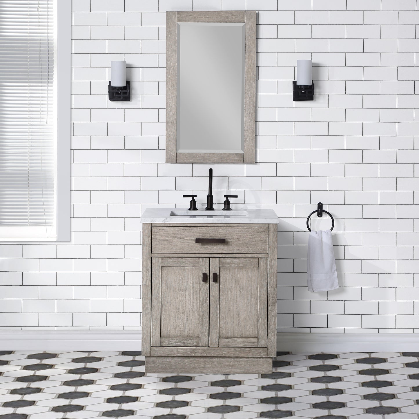30 In Sink Marble Countertop Vanity, Oak, Faucet and Mirror, Chestnut collection
