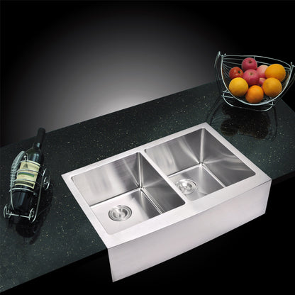 33 Inch X 22  50/50 Double Bowl Stainless Steel Kitchen Sink With Drains, Strainers, And Bottom Grids