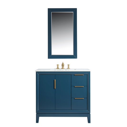 Elizabeth 36-Inch Single Sink Carrara White Marble Vanity In Monarch Blue set