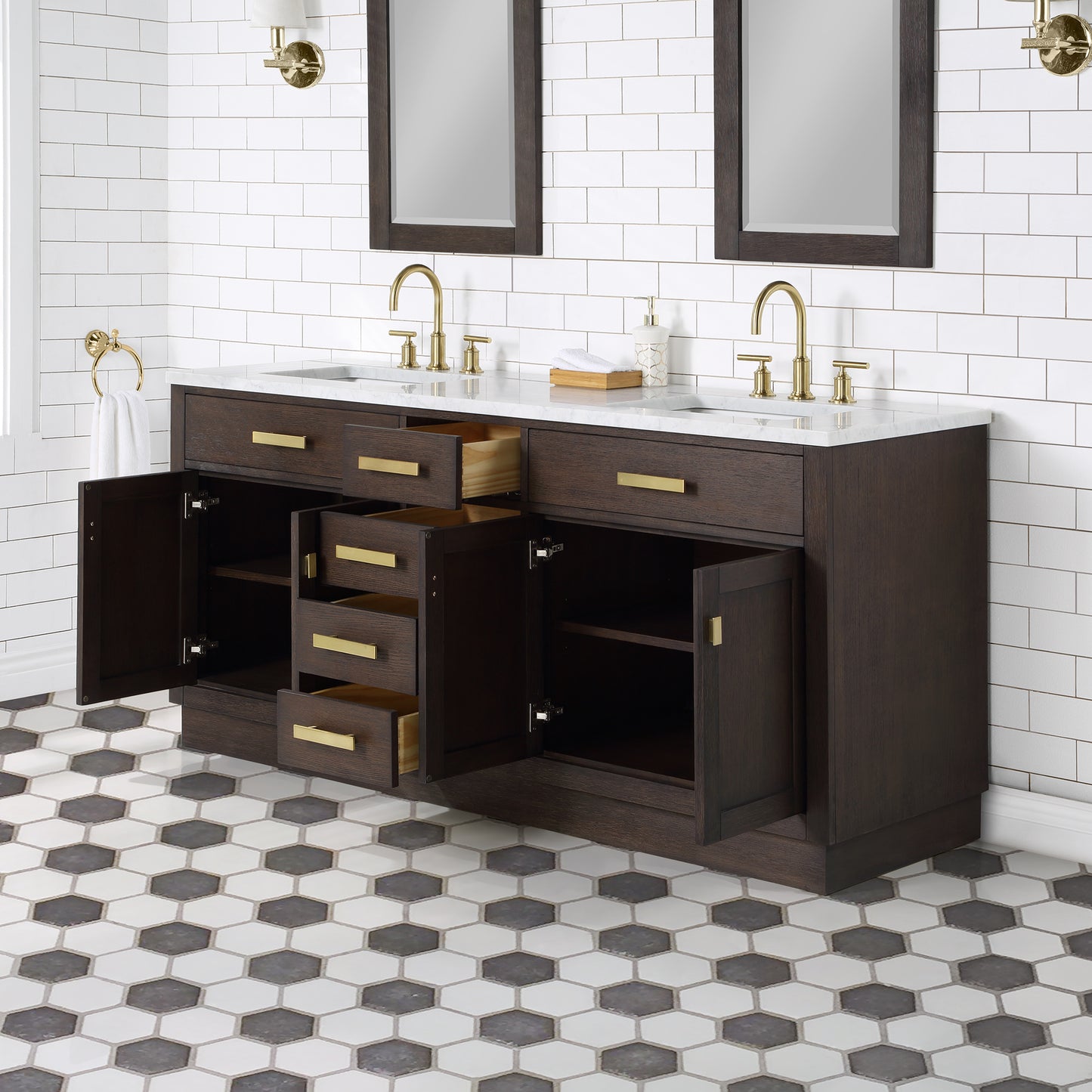 72 In. Double Sink Marble Countertop Vanity Oak with Faucets and Mirrors, Chestnut collection
