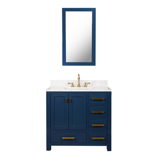 Madison 36-Inch Single Sink Carrara White Marble Vanity In Monarch Blue set