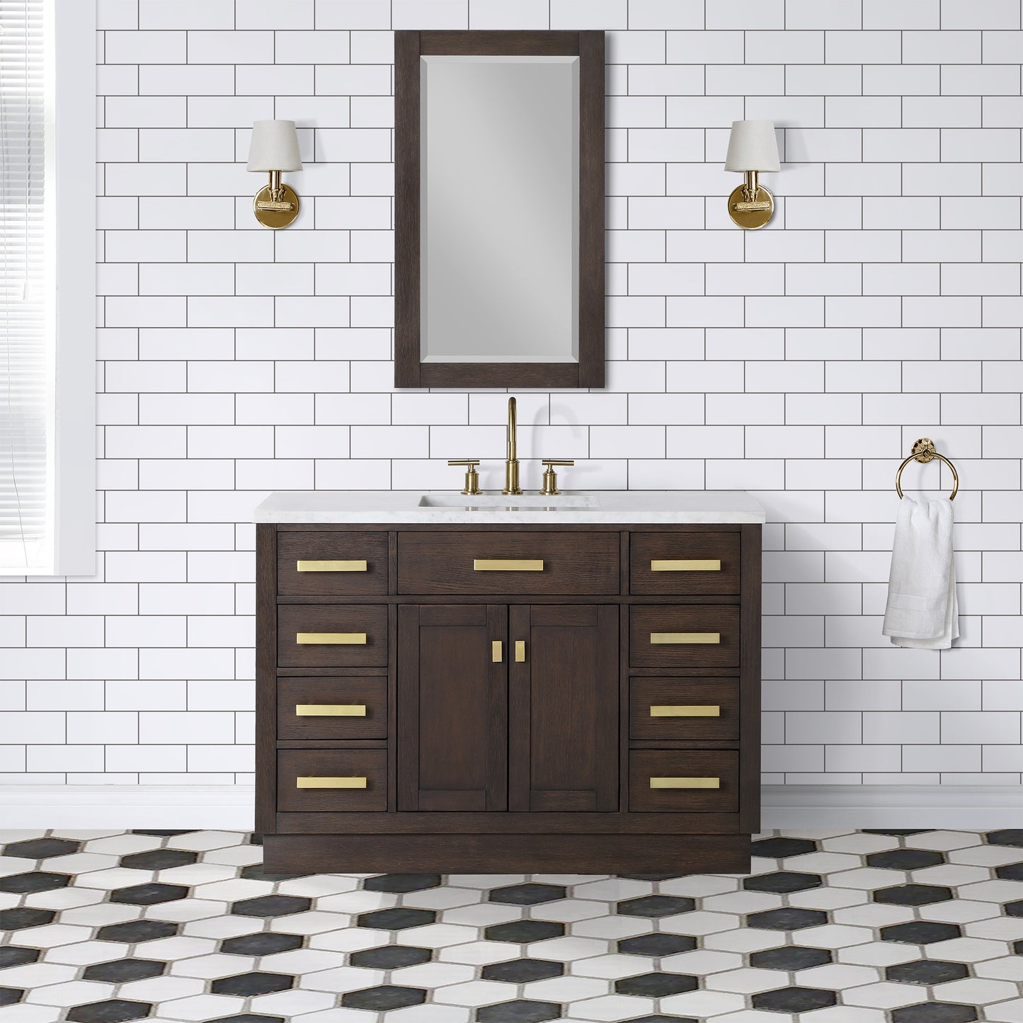 48 In. Single Sink Marble Countertop Vanity Oak with Faucet and Mirror, Chestnut collection