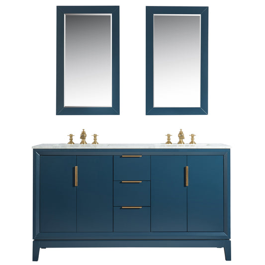 Elizabeth 60-Inch Double Sink Carrara White Marble Vanity In Monarch Blue set