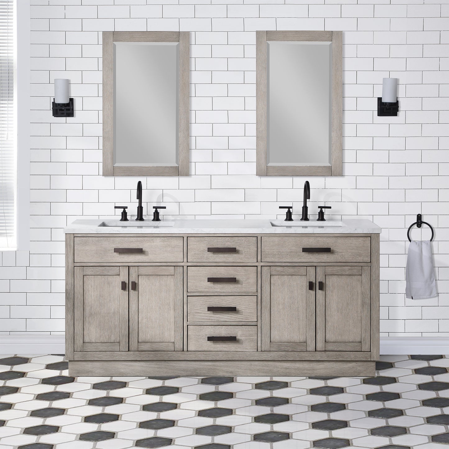72 In. Double Sink Marble Countertop Vanity Oak with Faucets and Mirrors, Chestnut collection