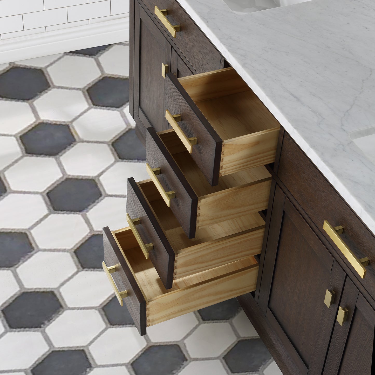 72 In. Double Sink Marble Countertop Vanity Oak with Faucets and Mirrors, Chestnut collection