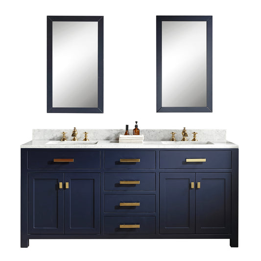 Madison 72-Inch Double Sink Carrara White Marble Vanity In Monarch Blue set