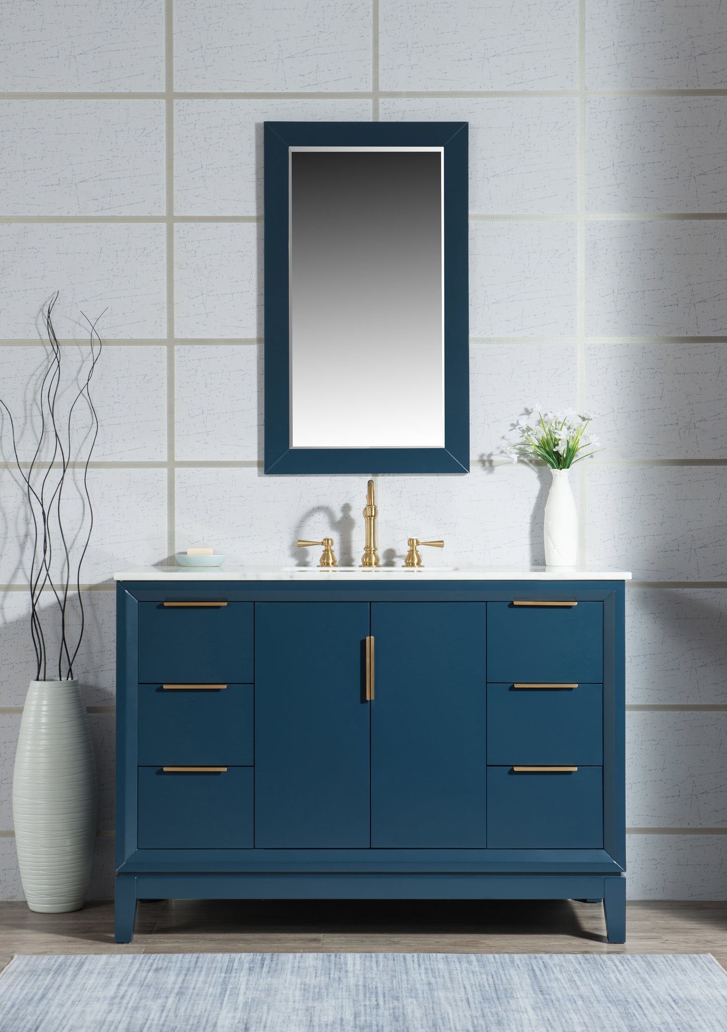 Elizabeth 48-Inch Single Sink Carrara White Marble Vanity In Monarch Blue set