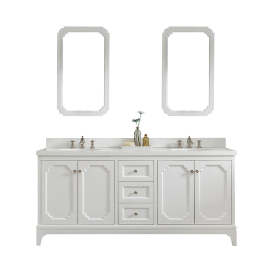 Queen 72-Inch Double Sink Quartz Carrara Vanity In Pure White set