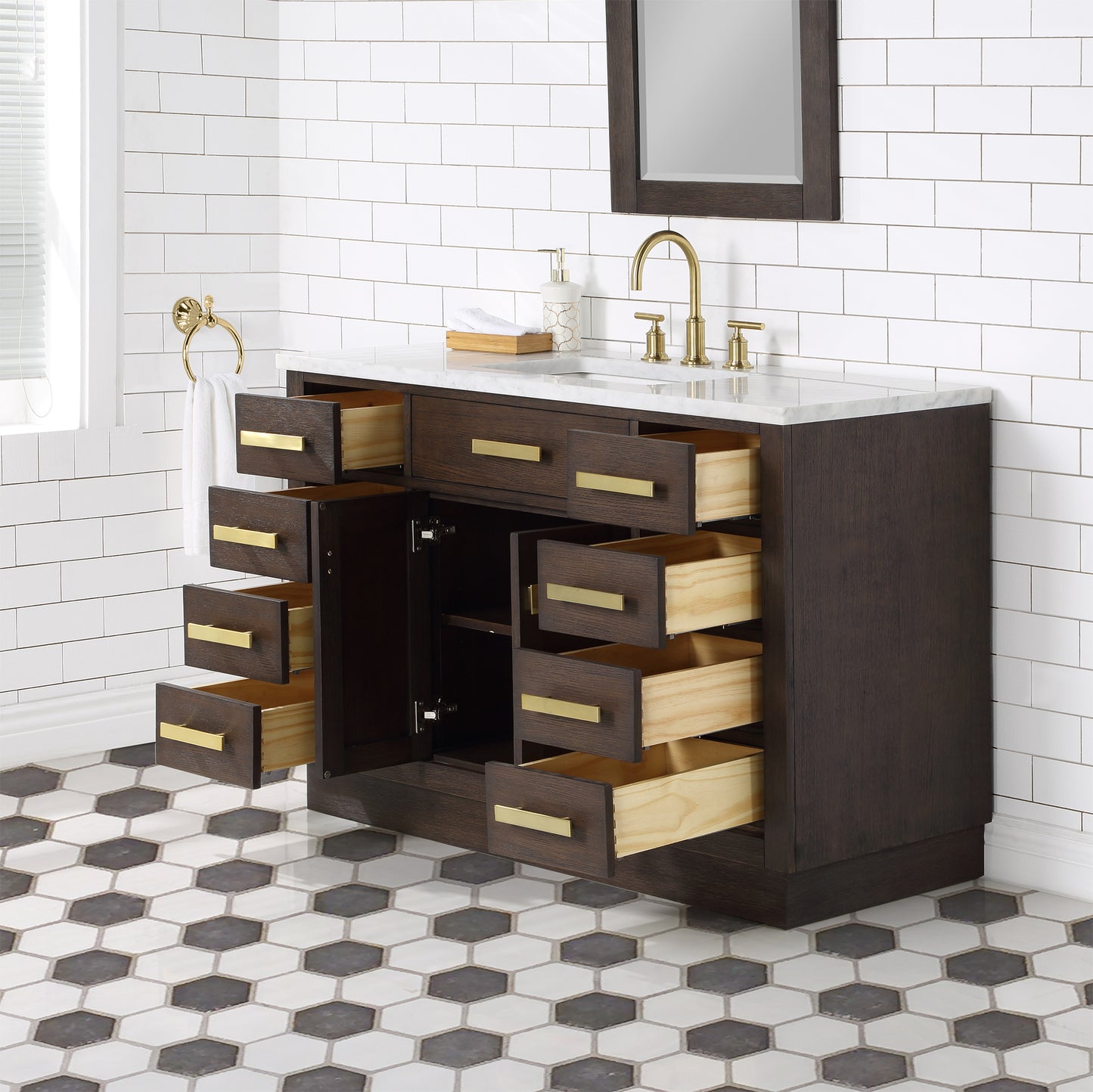 48 In. Single Sink Marble Countertop Vanity Oak with Faucet and Mirror, Chestnut collection