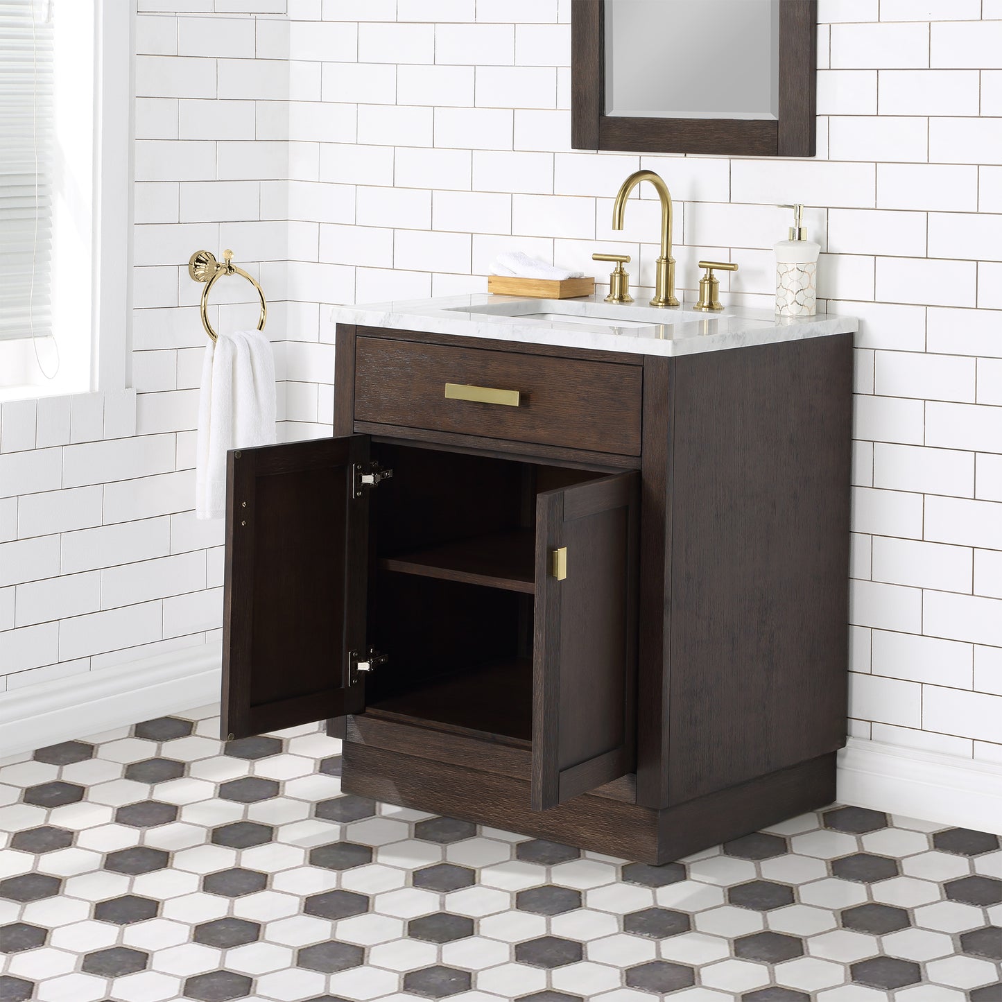 30 In Sink Marble Countertop Vanity, Oak, Faucet and Mirror, Chestnut collection