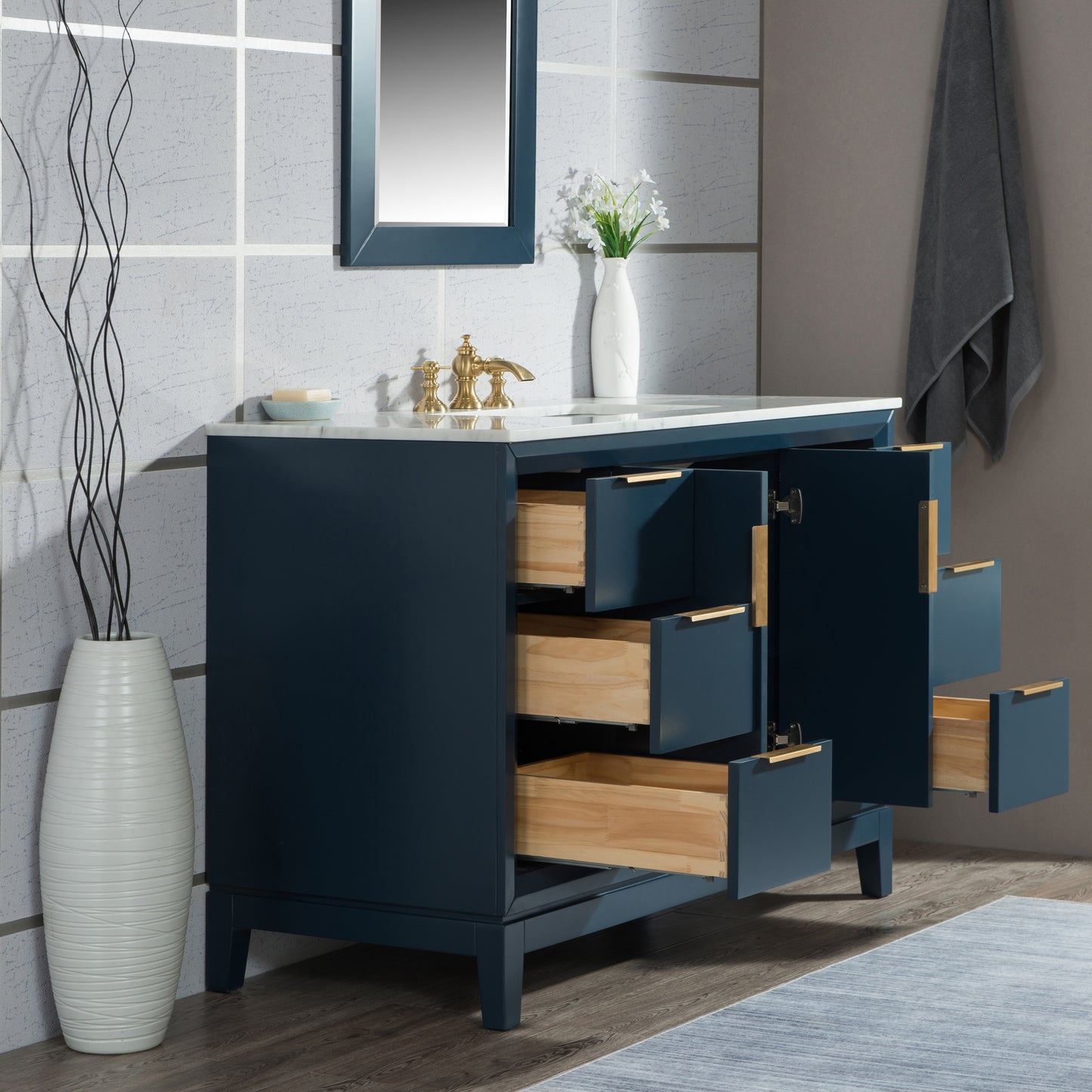 Elizabeth 48-Inch Single Sink Carrara White Marble Vanity In Monarch Blue set