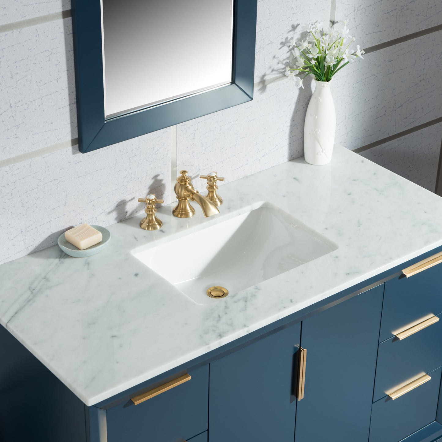 Elizabeth 48-Inch Single Sink Carrara White Marble Vanity In Monarch Blue set
