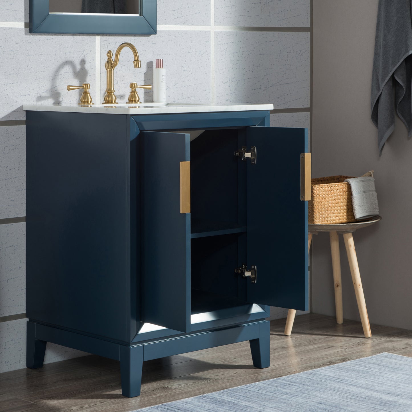 Elizabeth 24-Inch Single Sink Carrara White Marble Vanity In Monarch Blue set