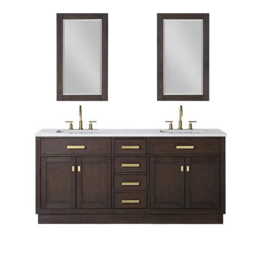 72 In. Double Sink Marble Countertop Vanity Oak with Faucets and Mirrors, Chestnut collection