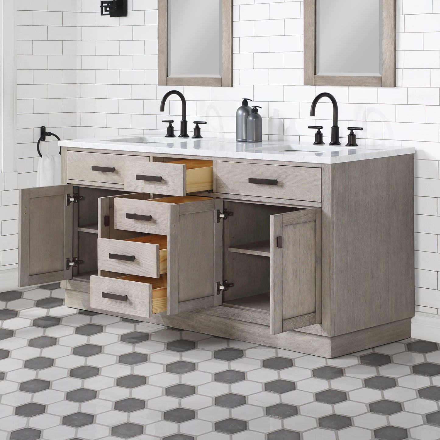 72 In. Double Sink Marble Countertop Vanity Oak with Faucets and Mirrors, Chestnut collection