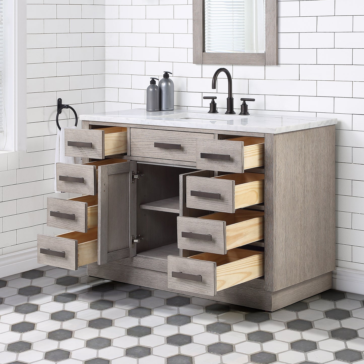 48 In. Single Sink Marble Countertop Vanity Oak with Faucet and Mirror, Chestnut collection