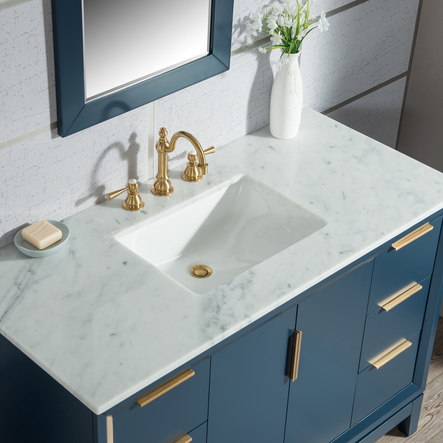 Elizabeth 48-Inch Single Sink Carrara White Marble Vanity In Monarch Blue set