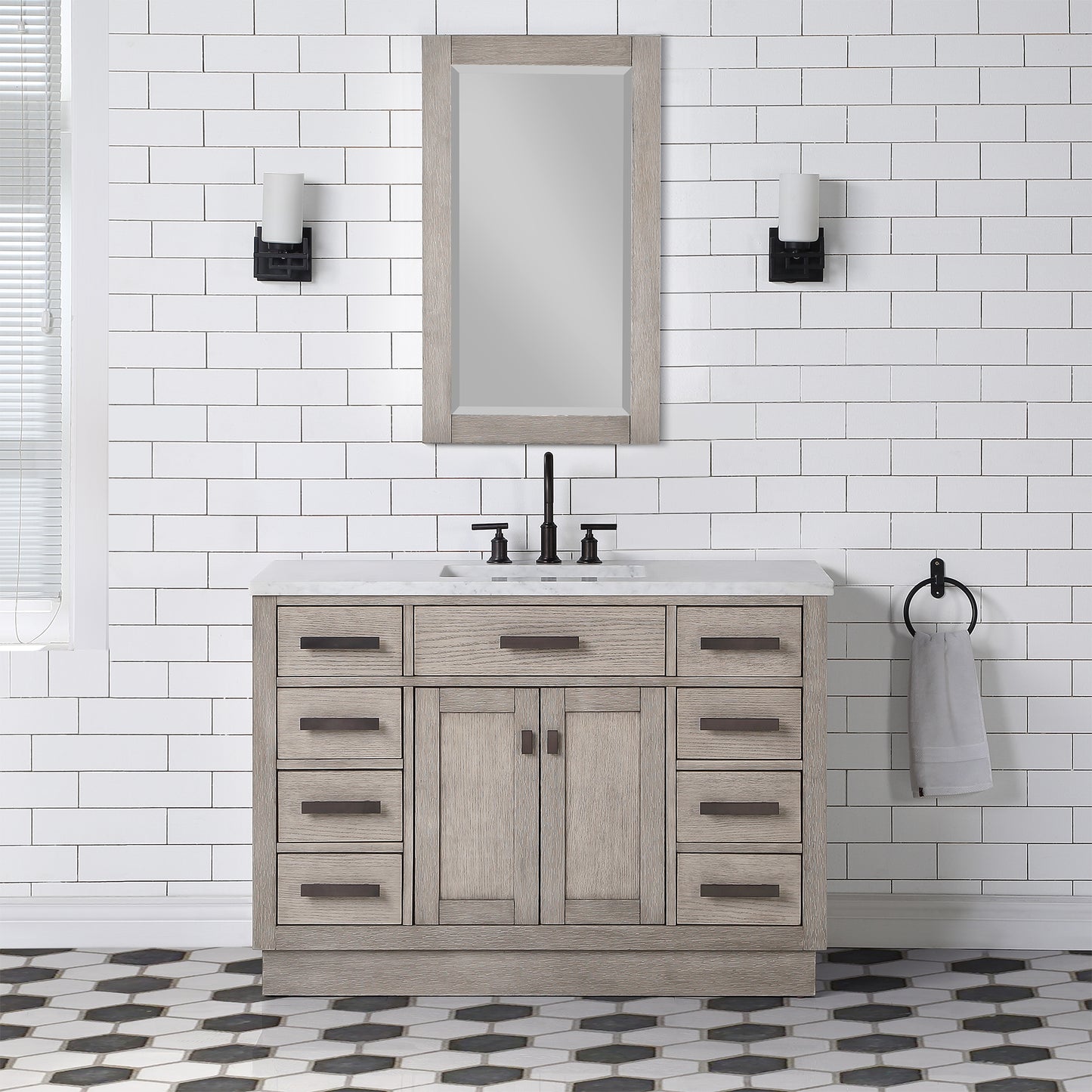 48 In. Single Sink Marble Countertop Vanity Oak with Faucet and Mirror, Chestnut collection